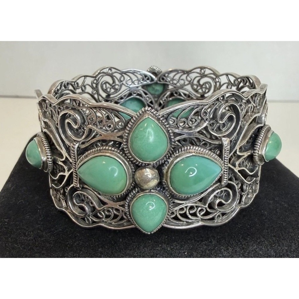 Vintage BJ Sterling Silver 925 Turquoise Filigree Hinge Cuff Bracelet